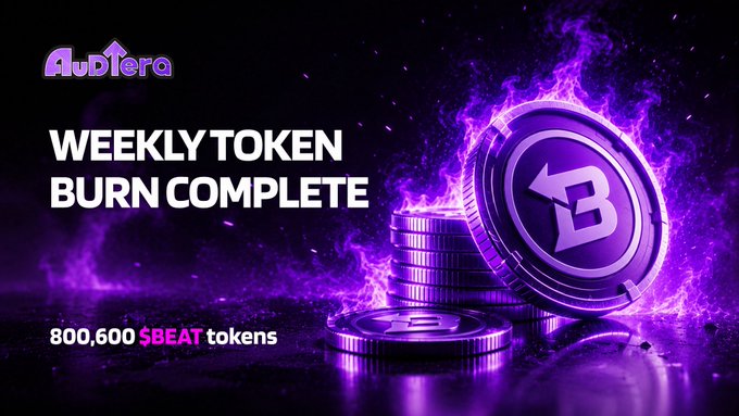 A promotional graphic for Audiera announcing a 'WEEKLY TOKEN BURN COMPLETE' of 800,600 $BEAT tokens, featuring stacks of purple coins engulfed in flames.