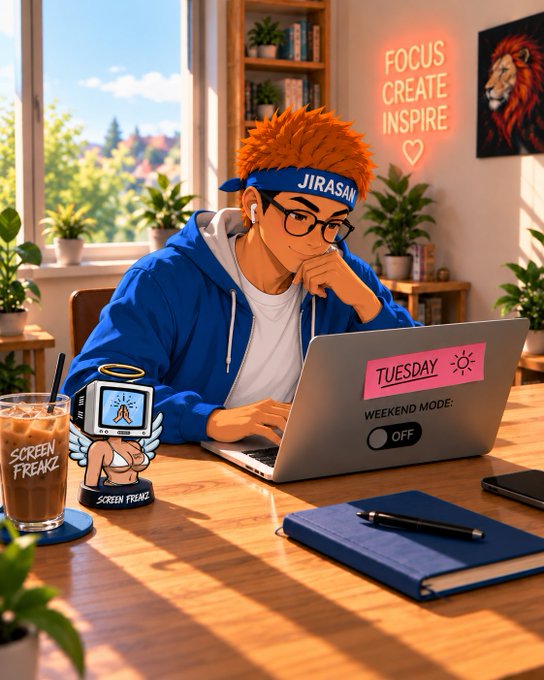 An anime-style illustration of a young man with spiky orange hair, glasses, and a blue headband working on a laptop labeled 'TUESDAY' and 'WEEKEND MODE: OFF', in a sunlit room with a 'FOCUS CREATE INSPIRE' neon sign and lion artwork.