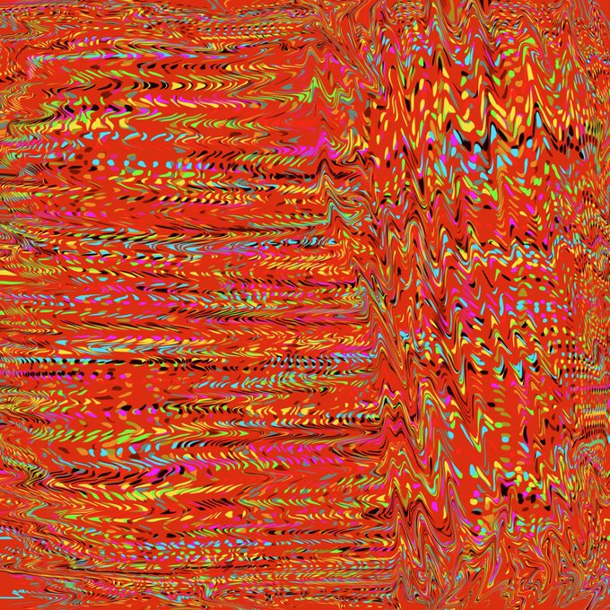An abstract digital artwork featuring distorted, glitchy patterns in vibrant red, pink, green, and yellow colors with wavy textures.