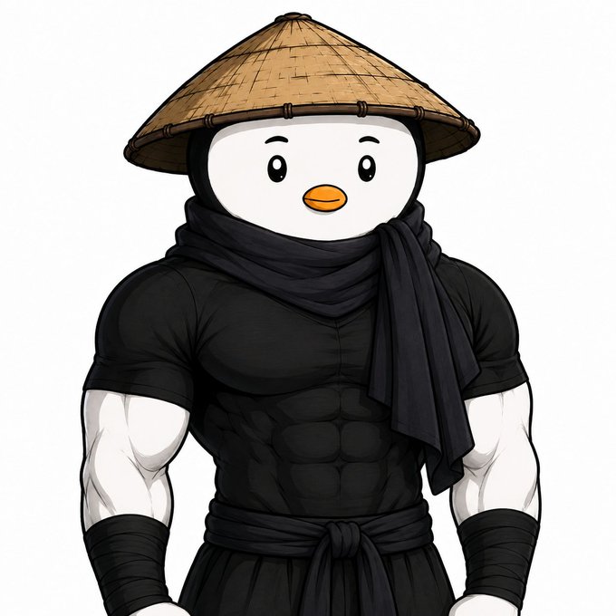 A cartoon illustration of a muscular white bird character wearing a conical straw hat, black scarf, and black ninja-style outfit with defined abs.