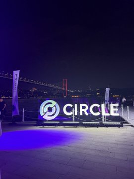 An illuminated "CIRCLE" sign is displayed at night with the Bosphorus Bridge visible in the background, indicating the event was held outdoors in Istanbul. The scene matches the post's mention of attending Circle's Istanbul event, capturing the waterfront setting.