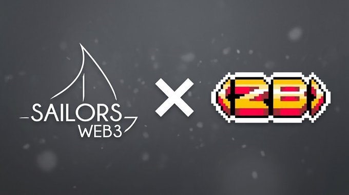 A collaboration announcement graphic featuring the "SAILORS WEB3" sailboat logo alongside a pixel-art style "ZEB" logo, separated by an "X" symbol on a dark, particle-filled background, promoting a new partnership and upcoming raffle.