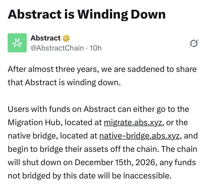 A screenshot of a tweet from @AbstractChain with the verified badge, titled "Abstract is Winding Down," announcing the blockchain's closure after nearly three years and instructing users to bridge assets off the chain by December 15th, 2026.