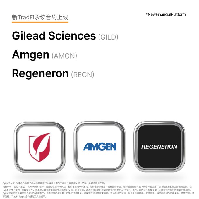 A promotional graphic from Bybit TradFi announcing new perpetual contract listings for Gilead Sciences (GILD), Amgen (AMGN), and Regeneron (REGN), featuring their respective corporate logos.