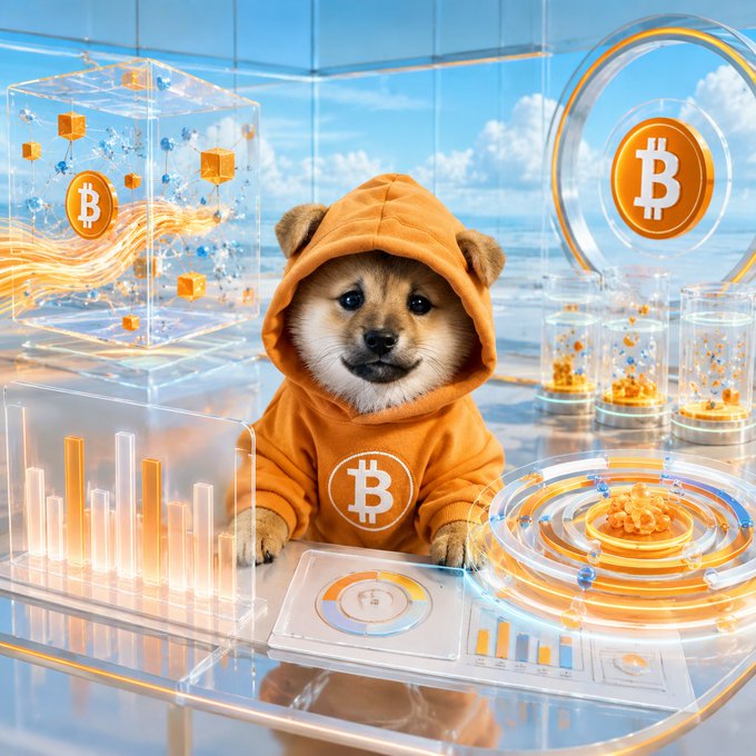 A Shiba Inu dog wearing an orange Bitcoin-themed hoodie sits at a futuristic desk surrounded by Bitcoin logos, holographic charts, and glowing orange digital displays.