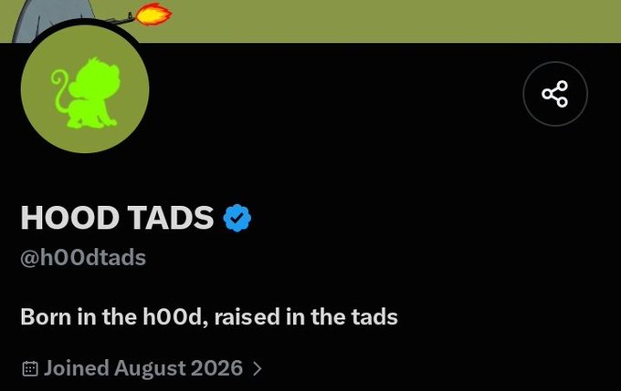 A profile page for the verified X (formerly Twitter) account @h00dtads, displaying the name "HOOD TADS," the bio "Born in the h00d, raised in the tads," and a join date of August 2026, accompanied by a green creature logo. The image appears to highlight an early launch discovery on Robinhood Chain, aligning with the post's mention of researching "early launches."