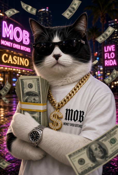 A cat wearing sunglasses, a gold chain with a dollar sign pendant, and a watch holds a stack of cash, set against a Las Vegas background with neon signs reading "MOB MONEY OVER BITCHES CASINO" and "LIVE FLO RIDA".