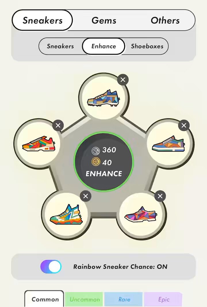The image shows a shoe store's website with an interactive display of six different shoes arranged in two rows of three. The shoes are displayed in various colors and styles, including sneakers and cleats. A user interface is present, allowing users to select their preferred choice from the available options. The post also mentions that there might be some rare rainbows sneaker chances on offer, which could potentially include a limited edition or unique design.