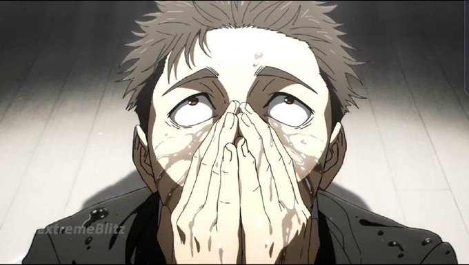 An anime character with messy brown hair is shown crying with his hands clasped over his mouth, with the watermark 'ExtremeBlitz' visible in the bottom left corner.