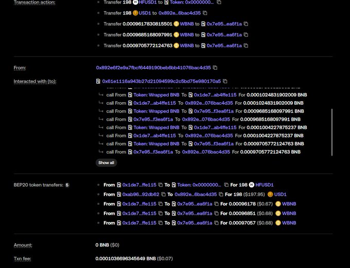 A blockchain transaction record on BscScan showing multiple token transfers involving HFUSD1, USD1, and WBNB between various wallet addresses with transaction fees of 0.0001036896345649 BNB ($0.07).