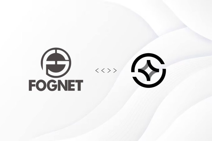 The image features a logo for FOGNET and another logo for @self_hq. The FOGNET logo is black with a white circle around it, while the @self_hq logo is black with a white circle inside of it. Both logos are in a modern design style that includes a wave-like pattern. The text on both logos reads "Partnership Announcement FOGNET is excited to partner with @self_hq which is the privacy-first AI ecosystem built on zero-knowledge architecture".