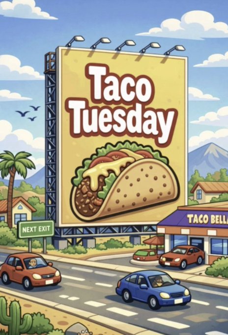A cartoon illustration of a billboard advertising 'Taco Tuesday' next to a Taco Bell restaurant, with cars driving on a road below.