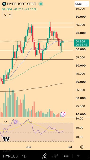 A TradingView daily candlestick chart for HYPE/USDT shows the price at 64.864, up +0.711 (+1.11%), with the post noting encouraging bullish wicks but expressing frustration that the price needs to push roughly $2 higher to improve the current technical outlook.