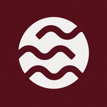 A simple logo featuring a cream-colored circle with three dark wavy lines inside it on a maroon background.