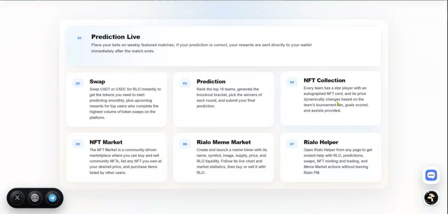 A website interface displaying seven numbered features including 'Prediction Live,' 'Swap,' 'Prediction,' 'NFT Collection,' 'NFT Market,' 'Rialo Meme Market,' and 'Rialo Helper,' describing a cryptocurrency-based prediction and trading platform.