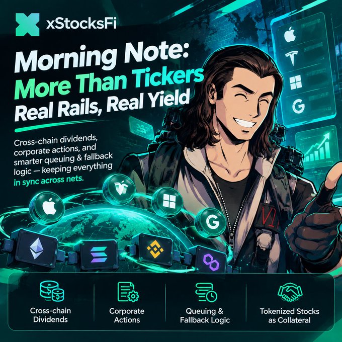 A promotional graphic for 'xStocksFi' titled 'Morning Note: More Than Tickers - Real Rails, Real Yield,' featuring an anime-style character and floating icons of stocks (Apple, Tesla, Microsoft, Google) and crypto logos, highlighting features like Cross-chain Dividends and Corporate Actions.