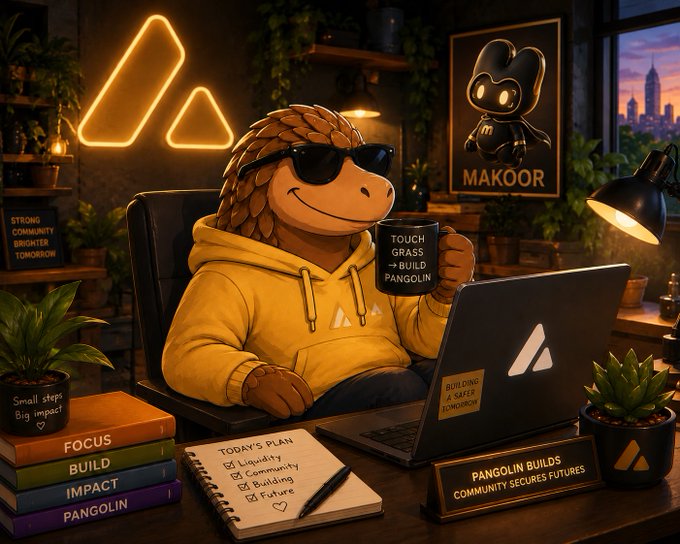A cheerful pangolin mascot wearing sunglasses and a yellow hoodie sits at a desk with a laptop and coffee mug labeled "Touch Grass → Build Pangolin," surrounded by Avalanche branding including the AVAX triangle logo, a "MAKOOR" poster, and motivational signs like "Focus, Build, Impact, Pangolin" — playfully illustrating the "Happy Sunday, Avalanche" sentiment with cozy weekend productivity vibes for the Pangolin community.