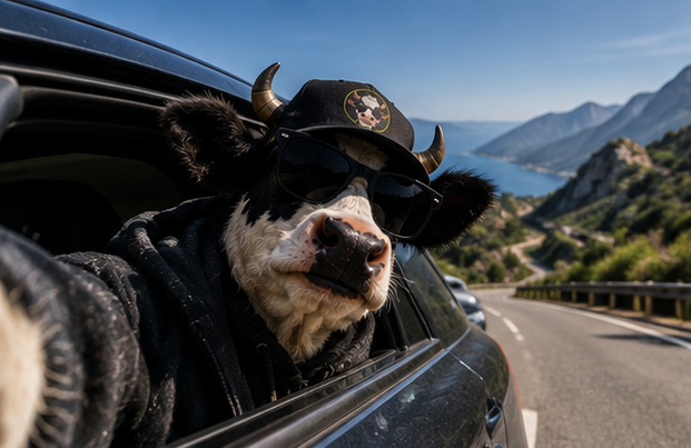 A black and white cow wearing sunglasses, a black beanie with horns attached, and a black hoodie, with its head sticking out of a car window on a scenic mountain road.
