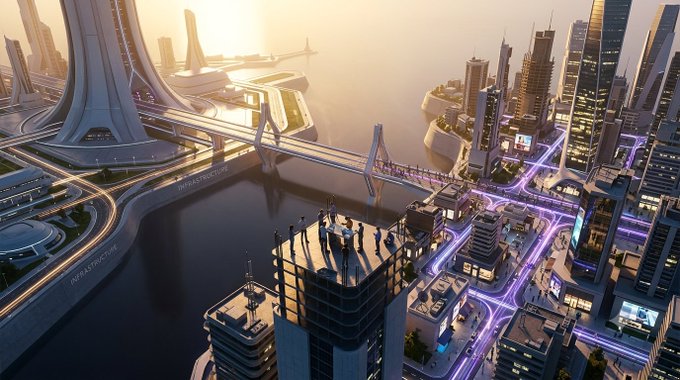 A futuristic cityscape at sunset featuring sleek skyscrapers, a modern suspension bridge, and curving highways with glowing purple lights along the waterfront.