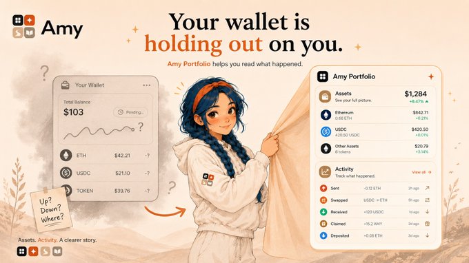An illustrated promotional graphic for 'Amy Portfolio' featuring an anime-style character revealing a wallet dashboard showing $1,284 in assets including Ethereum, USDC, and other tokens.
