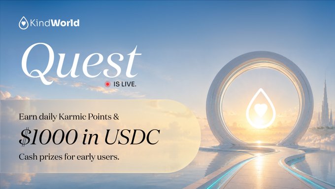 A promotional banner for 'KindWorld Quest' announcing the campaign is live, offering daily Karmic Points and $1,000 in USDC cash prizes for early users, featuring a heart-shaped portal graphic.