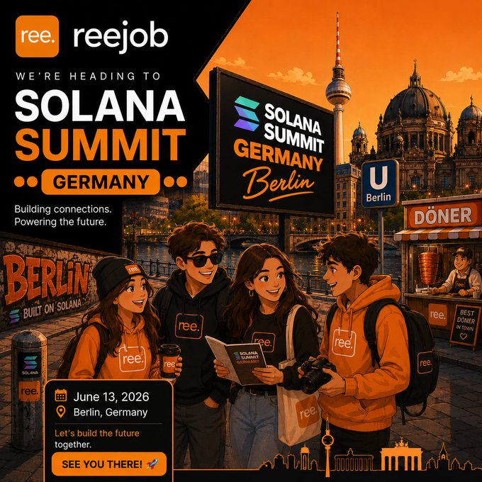 The image features a poster for the Solana Summit in Berlin, Germany. The poster includes an illustration of people standing around a sign that says "SOLANA SUMMIT Germany". There are four people depicted in the scene - two girls and two boys. They appear to be posing for a photo or attending an event related to the Solana Summit.

The text on the poster provides information about the event, stating that it is scheduled for June 13, 2016 at the Berlin summit center. The post also mentions that there are plans to build connections and power the future together.