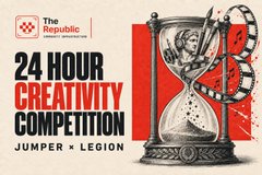 A poster for 'The Republic Network' advertising a '24 HOUR CREATIVITY COMPETITION' for 'JUMPER × LEGION' featuring an hourglass illustration.