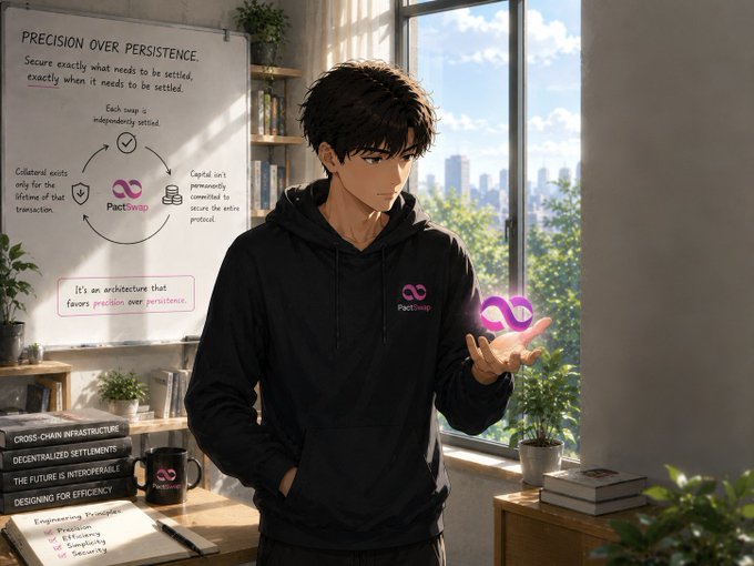An anime-style illustration of a young man in a black PactSwap hoodie holding a glowing pink infinity symbol, with a whiteboard explaining 'Precision Over Persistence' and 'PactSwap' architecture in the background.