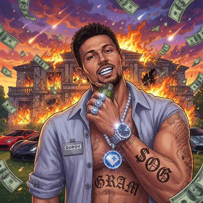 Anime-style comic illustration of a muscular man with 'DUROV' name tag, wearing a diamond pendant, with 'GRAM' tattoo and money raining down around a burning mansion and sports cars.