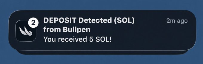 A dark-themed notification card displays a "DEPOSIT Detected (SOL) from Bullpen" alert, showing a balance of 5 SOL received 2 minutes ago, paired with a winged logo icon. The image ties to the post "5 SOL and a dream" by visually confirming the fresh deposit of exactly 5 SOL—a modest starting stake that fits the "and a dream" sentiment of beginning a journey with limited capital.