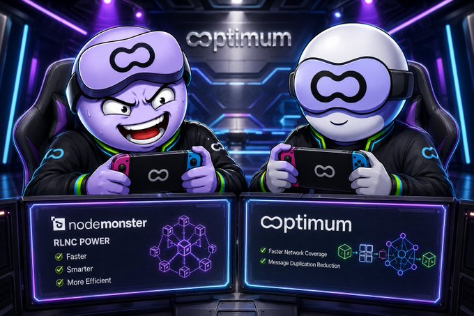 A digital illustration of two purple cartoon characters wearing infinity-symbol VR headsets and holding Nintendo Switch consoles, set against a futuristic neon-lit background with 'optimum' branding. Below are two comparison panels labeled 'nodemonster RLNC POWER' (Faster, Smarter, More Efficient) and 'optimum' (Faster Network Coverage, Message Duplication Reduction).
