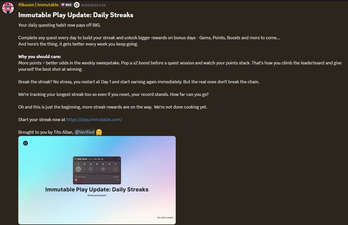 The image shows a screenshot of an email from a person named @Immutable, which appears to be a daily-streaks reminder for users to complete their daily tasks. The email has been sent at 7 am and is titled "Daily-streaks". It also contains a link to the Immutable Play Update page on the company's website.

The main content of the email is about daily-streaks, which are reminders or goals that users should accomplish each day. The email encourages users to complete their daily tasks by setting up daily-streaks and rewarding themselves with points for achieving these goals. It also mentions a few things to consider when setting up daily-streaks, such as tracking progress and giving yourself time to rest before starting the streak.