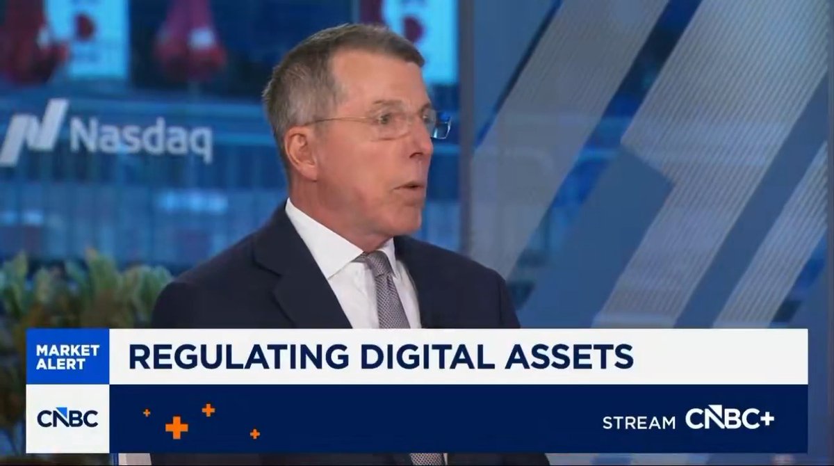 A man identified as the former CEO of Barclays speaks on CNBC about "Regulating Digital Assets," with the Nasdaq logo visible in the background. The post highlights his statement that the Clarity Act is "really good for the banks," signaling a shift in Wall Street's stance on crypto regulation.