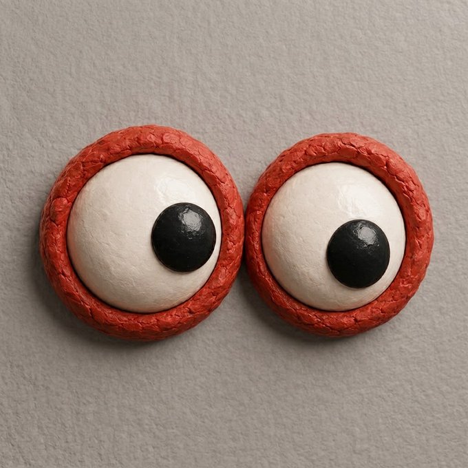 A pair of handmade eyeball buttons—white spheres with black pupils encircled by textured red rims—displayed on a neutral gray surface, playfully matching the mint announcement by literally featuring "eyes" on the day of the drop.