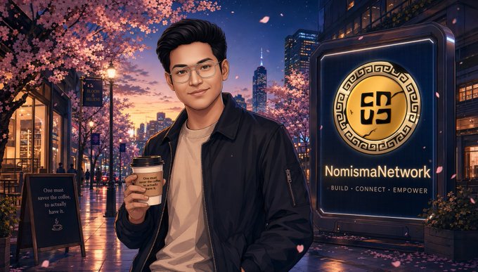 A stylized illustration of an Asian man with glasses holding a coffee cup, standing in a city street at sunset with cherry blossoms, next to a 'NomismaNetwork' billboard featuring their logo and the tagline 'BUILD · CONNECT · EMPOWER.'