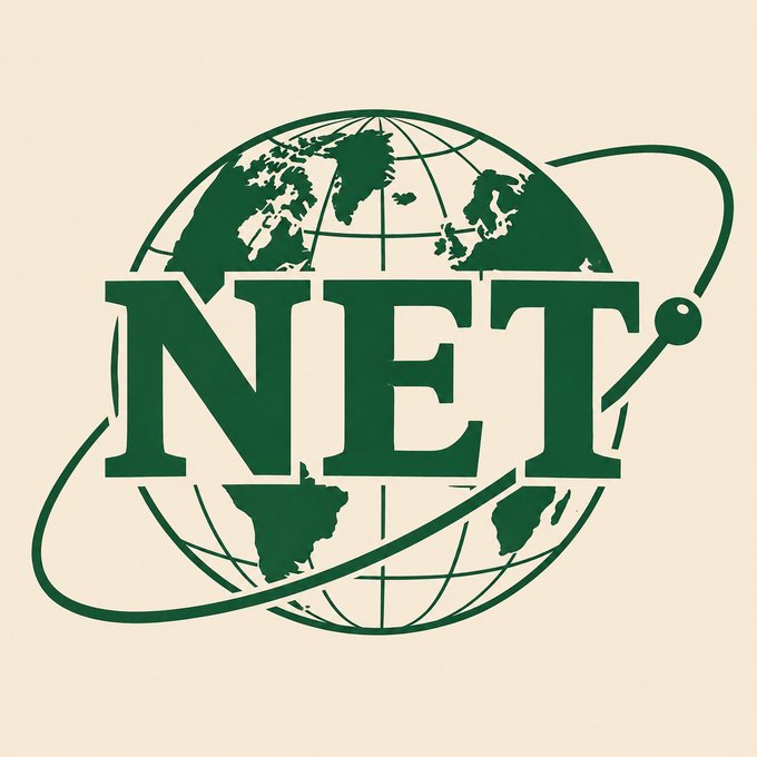 A green logo with the text "NET" over a globe with an orbital ring on a beige background.