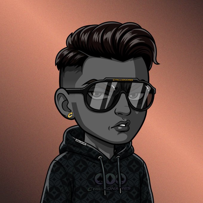 A digital illustration of a stylized boy with a pompadour hairstyle wearing large black sunglasses with 'CHILLIONAIRES' written in yellow on the frame, paired with a black patterned hoodie featuring the same brand name.