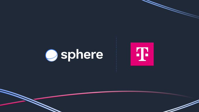 The image displays the Sphere logo alongside the magenta Deutsche Telekom "T" logo, visually representing the partnership announcement where Deutsche Telekom is joining the Sphere ecosystem as a validator partner to help secure its compliance-native blockchain ledger.
