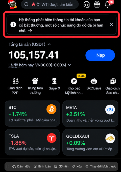 A Vietnamese crypto exchange home screen shows total assets of “105,157.41 USDT,” a “Nạp” button, and market tiles for BTC, META, TSLA, and GOLD(XAU).