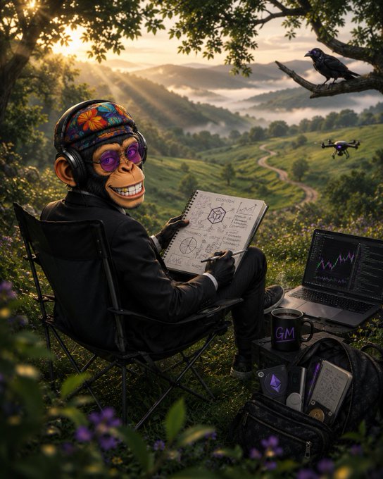 A chimpanzee wearing a floral bandana, headphones, and sunglasses sits in a chair overlooking a scenic valley at sunset, taking notes in a notebook while working on a laptop displaying a stock chart, with a mug labeled "GM" and a drone nearby—a whimsical scene fitting the post's theme of organic community growth and engagement through reciprocal interaction on the timeline.