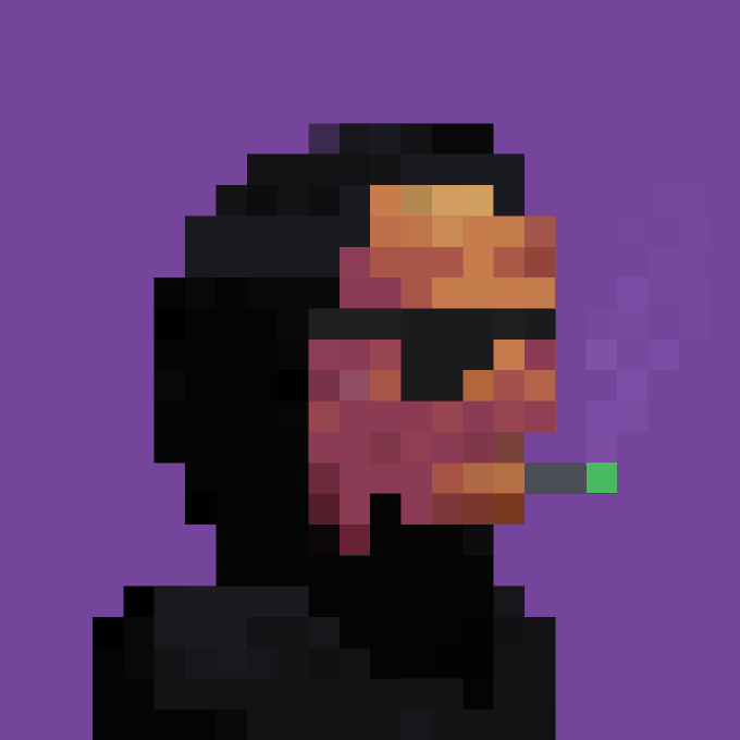 A pixel art style portrait of a figure with dreadlocks wearing dark sunglasses and smoking a green-tipped cigarette against a solid purple background.