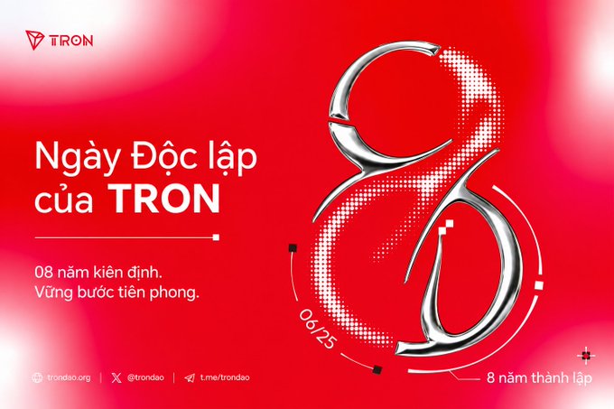 A vibrant red promotional graphic celebrates TRON's 8th anniversary with a large chrome "8" prominently displayed, featuring the Vietnamese text "Ngày Độc lập của TRON" (TRON Independence Day) and the date "06/25," commemorating "08 năm kiên định, Vững bước tiên phong" (8 years of steadfastness, pioneering steps) alongside TRON's logo and social media handles.