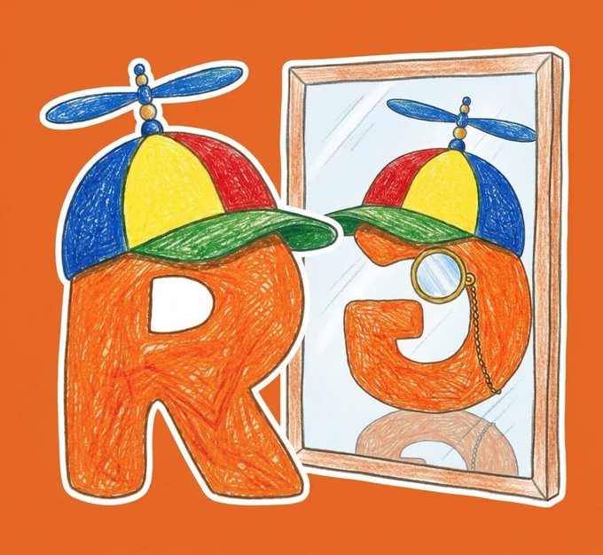 A child-like illustration of an orange letter 'R' wearing a colorful propeller cap, looking at its reflection in a mirror while holding a monocle.