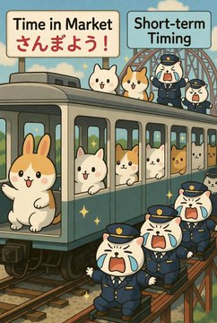 An illustrated graphic showing cats as train passengers with text 'Time in Market さんまよう！' and 'Short-term Timing', depicting crying cat conductors and upset cats in uniforms.