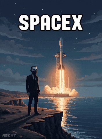 The image features a man standing on a cliff, wearing a mask that resembles a skull. The caption of the image reads "Spacex" with an illustration of a rocket launching into space above him. The background shows a scene from outer space where a rocket is seen taking off and flying towards Earth. The caption also includes some text about stocks and investing in the stock market, which seems to be related to the man's mask and the rocket launch.