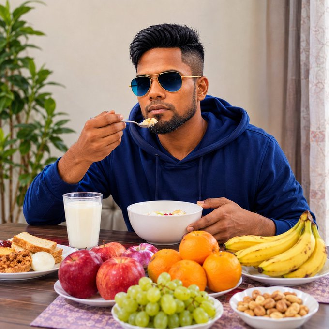 A man wearing sunglasses and a blue hoodie eats from a bowl at a table laden with fresh food, including a glass of milk, apples, oranges, bananas, green grapes, almonds, and bread.