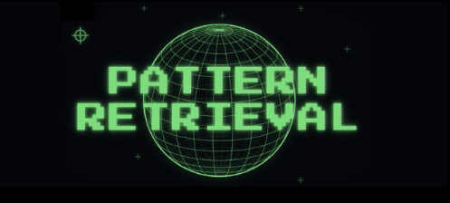 The image features a neon green logo that reads "pattern retrieval" with a globe in the center of the design, surrounded by stars. The background color is black, which contrasts with the vibrant green of the logo. There are also two small circles on the right side of the image.