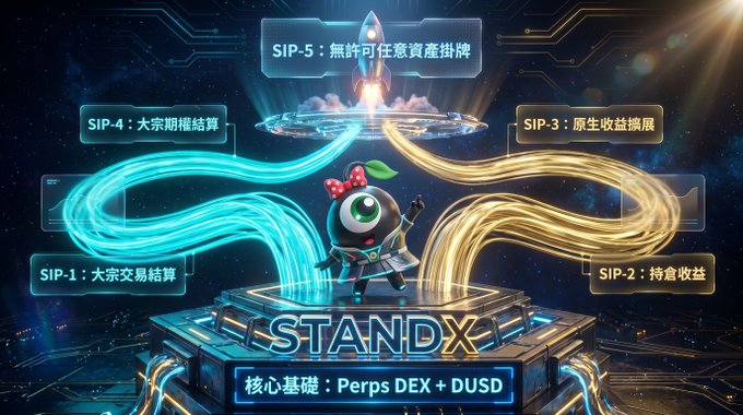 The image features a cartoon character, likely a robot or a doll, standing on a platform with a computer screen behind them displaying information about StandX, Perps DEX, and DUSD. The character appears to be wearing a red bow around its neck. The background of the image is blue, which contrasts with the white text that reads "StandX". This design choice makes it easy for viewers to understand the content displayed on the screen.
