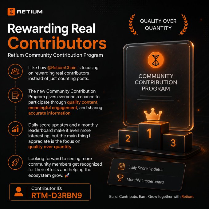The image features an orange banner with black text that reads "Rewarding Real Contributors" and includes a gold trophy. Below this, there are three blocks labeled "1", "2", and "3", each adorned with a crown symbolizing their respective scores or achievements. The text on the post emphasizes the importance of rewarding real contributors in the community contribution program rather than focusing solely on the number of posts.