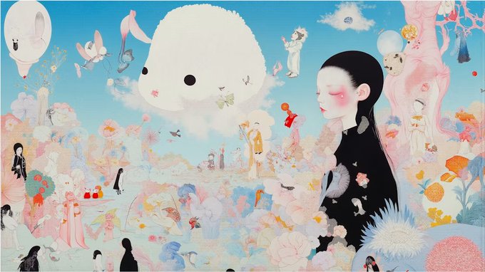 A colorful, surreal illustration featuring a large white cloud-like character, figures in elaborate dress, butterflies, and pastel landscapes.